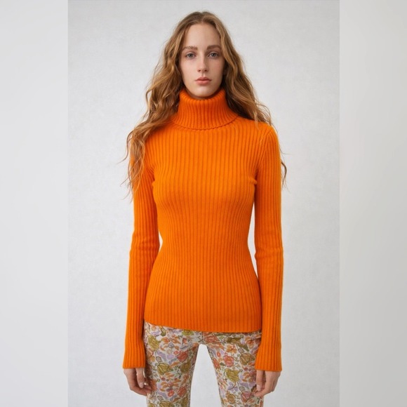 Acne Studios Sweaters - Acne Studios Ribbed Cotton Blend Turtleneck Sweater Knit Medium Orange Bodycon